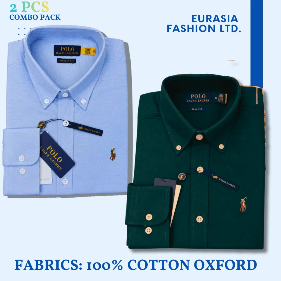 2 Pes Combo - Regular Fit Garment-Dyed Oxford Shirt- Sky Blue / Green