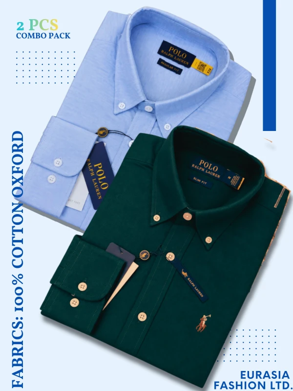 2 Pes Combo - Regular Fit Garment-Dyed Oxford Shirt- Sky Blue / Green