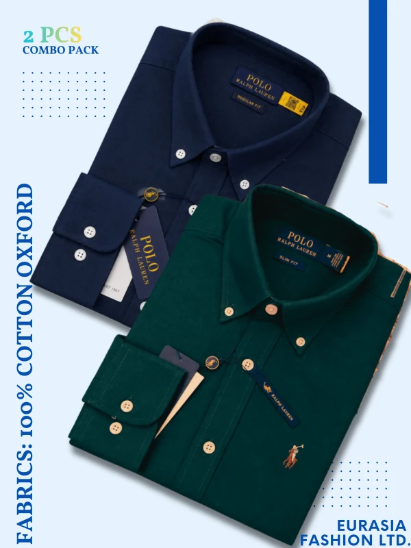 2 Pes Combo - Regular Fit Garment-Dyed Oxford Shirt-Navy Blue / Green